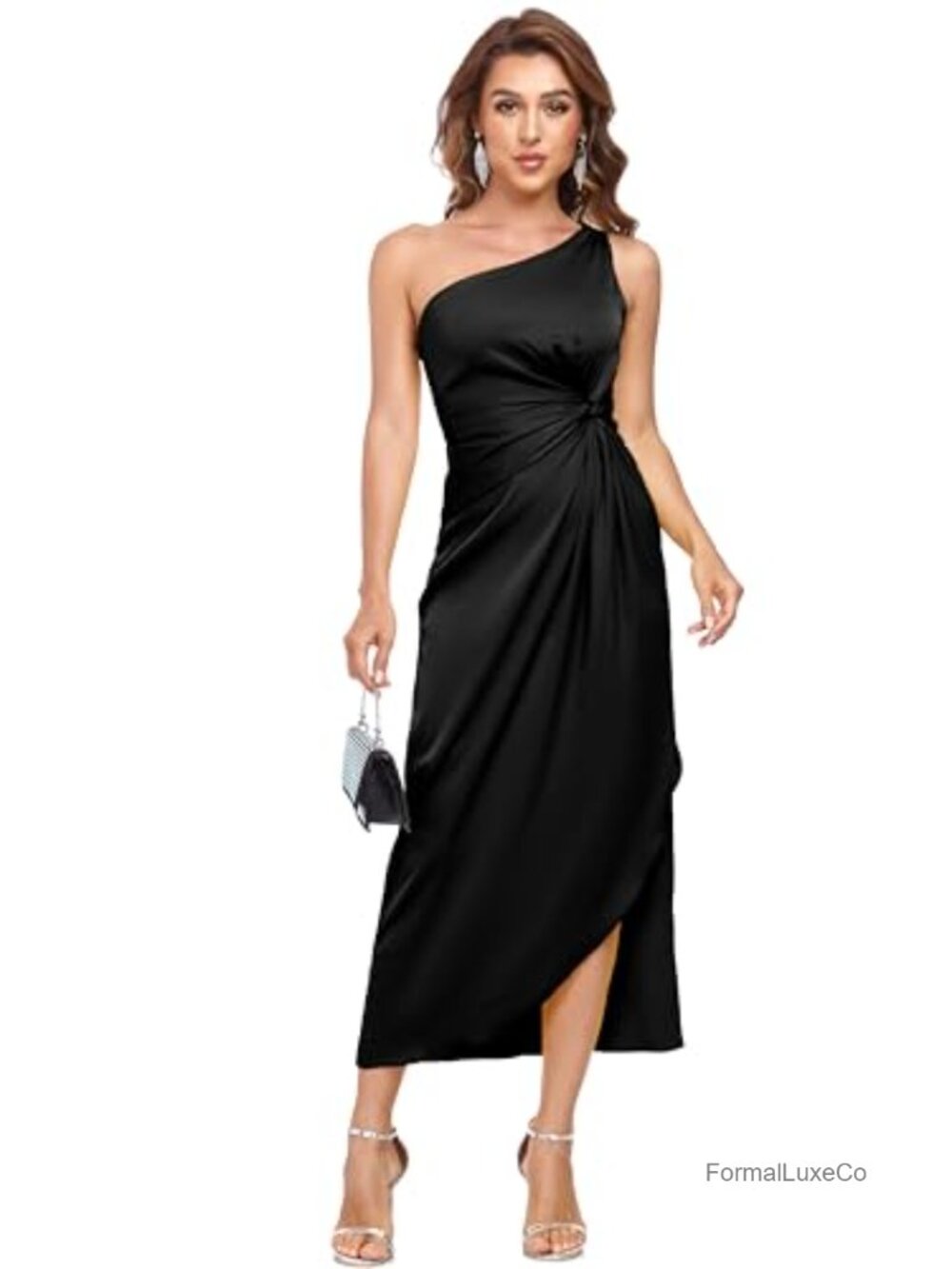 Satin One Shoulder Midi Dress Twist Front Backless Party Cocktail